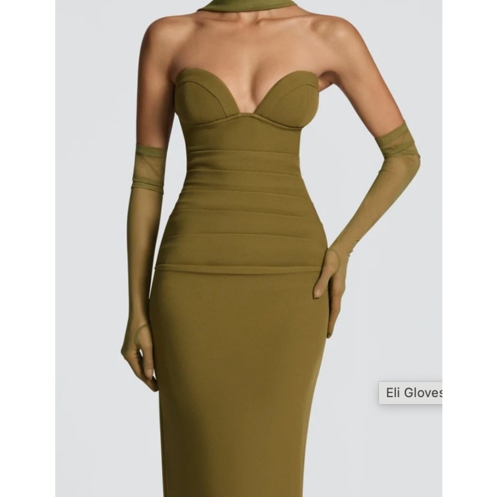 Babyboo Lindsey Maxi Dress Deep Olive Ruched Strapless Sweetheart Gown Small NEW